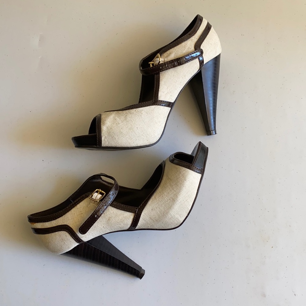 Cream & brown peep toe heels